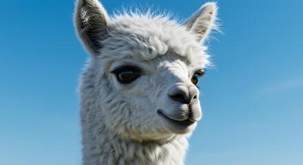 Portrait of a white alpaca against a blue sky