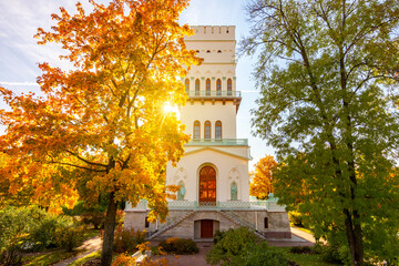 White tower in Alexander park in autumn, Pushkin (Tsarskoe Selo), Saint Petersburg, Russia
