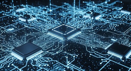 Close-up view of intricate circuit board with glowing microchips, showcasing advanced technology.