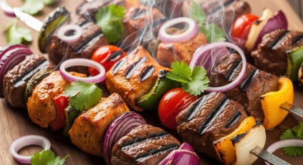 Fototapeta premium Sizzling Mixed Meat & Vegetable Kebabs with Perfect Grill Marks, Vibrant Colors, and Aromatic Smoke on a Rustic Wooden Board
