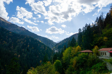 Natural beauty around Sumela Monastery in Trabzon, Turkey. Forested mountains, cliffs, and serene...