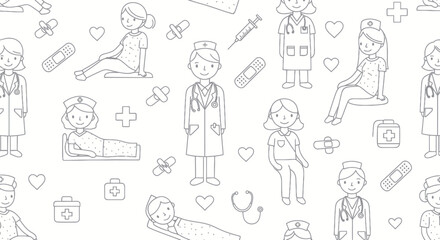 Seamless Pattern of Medical Staff and Supplies in Outline Style.