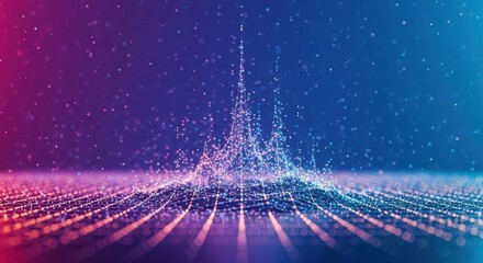 Abstract data visualization with glowing particles and wavy grid network connecting information in a digital space representing technology innovation