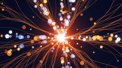 Abstract network connections background with glowing light and data streams in orange white and blue tones resembling neural pathways and futuristic technology