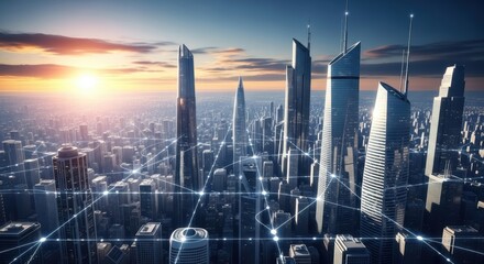 Aerial view of modern cityscape with glowing network connection lines at sunset represents global connectivity and technological advancement for urban solutions