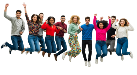 Diverse Group Jumping with Excitement in Colorful Casual Clothing