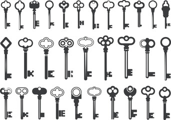 Set of Vintage Antique Keys Silhouettes, Ornate Designs, Classic Lock Symbols, Isolated on White Background