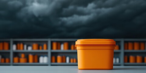 Naklejka premium Disaster Tornado Survival concept. Bright orange container against a stormy backdrop with shelves.