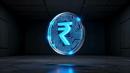 Dynamic glowing rupee coin spins in futuristic digital sphere, representing financial technology and global economy - Powered by Adobe