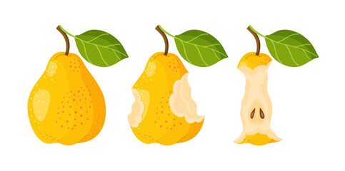 Three yellow pears. whole, partially eaten, and core. Trendy flat style. For healthy eating, dieting, recipe blogs, eco friendly branding, social media, stickers, menus, posters, and children's books.