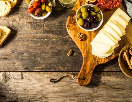 Assorted appetizers on a rustic wooden board - Powered by Adobe