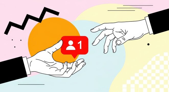 Conceptual illustration of social media engagement with hands reaching for follower notification on abstract background depicting online connection