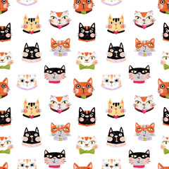 Seamless cartoon cats pattern. Funny pastel faces hand drawn with crayon in colorful style. Playful animal design for kids, baby products, fabric, wrapping and decorative surface.