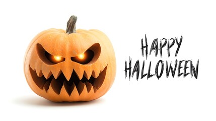 Terrifying jack o lantern with pumpkin and written happy Halloween isolated on the white background 