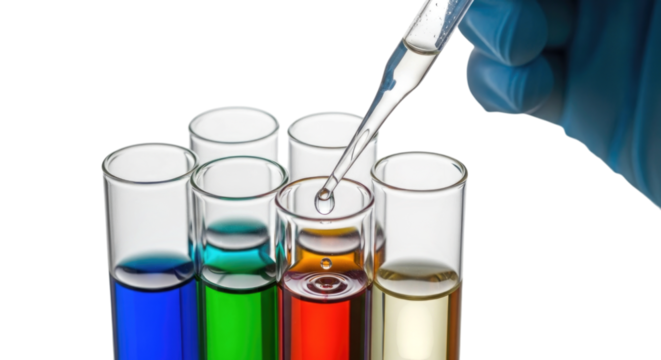 Hand with Dropper over Test Tubes Isolated on Transparent PNG Background