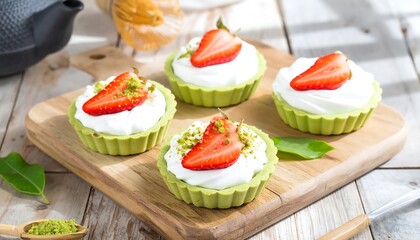 Matcha dessert tarts with whipped cream and strawberries