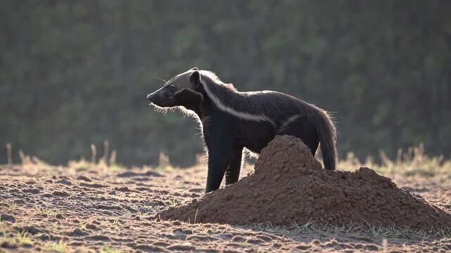 A Honey Badger Standing Still Beside a Dirt Mound in a Natural Habitat, Captured in Soft Evening Light with a Shallow Depth of Field