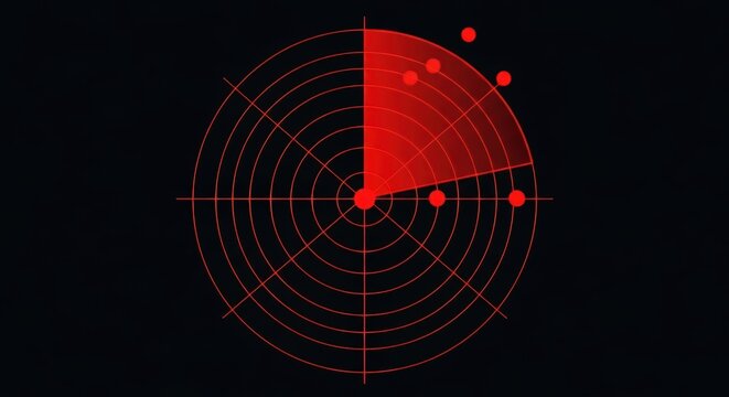 Modern red radar screen vector illustrating navigation technology surveillance and detection system design futuristic element isolated on background