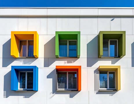 Colorful architectural windows on a white building