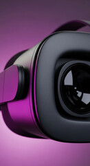 Close-up of black VR headset detail against purple background, showcasing sleek design and advanced technology, symbolizing virtual reality immersion and innovation