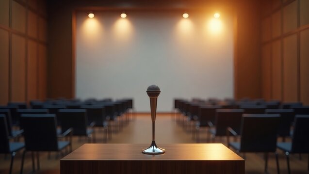 an empty stage with a microphone, prepared for a presentation or speech, with spotlights illuminating the backdrop