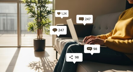 Woman using laptop with social media notifications at home bright sunny day modern lifestyle online engagement digital communication and connectivity influencer marketing