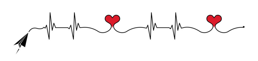Abstract paper plane origami airplane, ekg shape route, red heart vector. Creative medical science concept design to use for cardiology, healthcare business, love concept projects.
