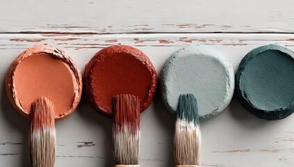 Four paint samples, various colors, with paintbrushes