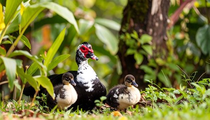 Ducks in a lush garden setting