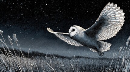 Barn Owl in Flight Under a Starry Night Sky