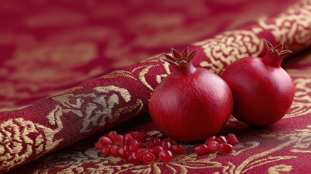 National Day close-up of traditional silk brocade fabric in crimson and gold with autumn pomegranates artfully arranged beside it, festive, heritage symbolism, seasonal abundance, national celebration