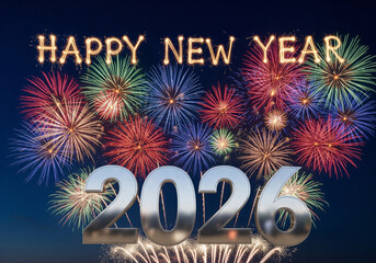 Happy New Year 2026 celebration with large 3D metallic numbers and sparkler text against a night sky filled with a vibrant and colorful fireworks display