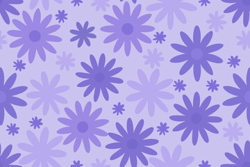 Seamless floral pattern with bold purple daisy silhouettes on light lavender background, ideal for fabric, wallpaper, gift wrap, and trendy design projects.