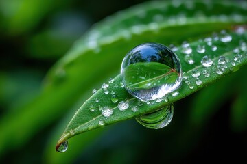 Large Water Droplet on Green Leaf with Dewdrops