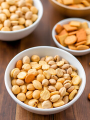 Bowls Filled with Peanuts, Sunflower Seeds and Crackers
