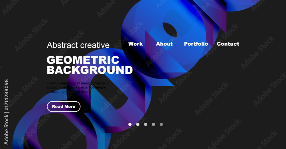 Poster abstract design features vibrant blue shapes over dark background. website navigation includes work,