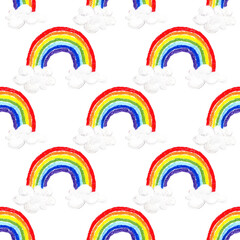 Seamless rainbow pattern. Hand drawn pastel arcs with fluffy clouds in bright crayon texture. Cheerful childish design for kids’ textile, wrapping paper and happy decoration.