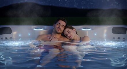 Relaxing Couple Soaking in Blue Hot Tub at Night Under Starry Sky