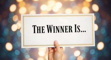 The Winner Is… Placard with Bokeh Background — Celebratory Design Conveying Excitement, Achievement, and Joy in a Festive and Vibrant Atmosphere