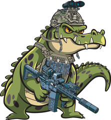 Cartoon style tactical military Crocodile holding assault rifle
