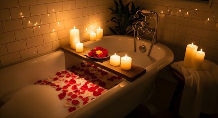 Romantic Bath with Candles, and Rose Petals.