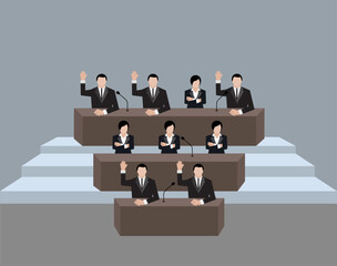 Illustration of a group of people speaking in a conference hall.