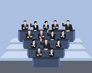 Illustration of a group of people voting in a conference hall.