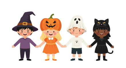 Diverse group of children in Halloween costumes holding hands and smiling.