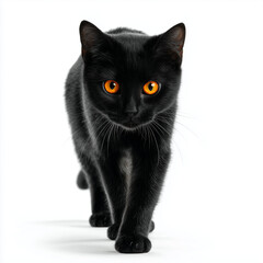 Close-up of a sleek black cat with striking orange eyes walking forward against a white background. Elegant and mysterious feline portrait.