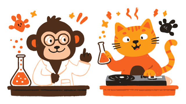 Cute Cartoon Monkey and Cat Characters in Science Experiment Setting
