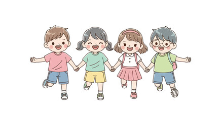 Four Diverse Cartoon Children Holding Hands Joyfully Running Together.