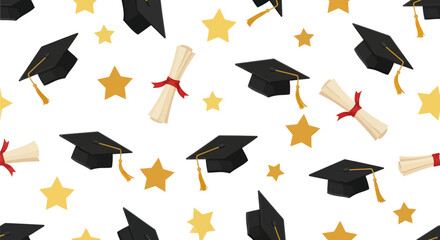 Repeating seamless pattern of black graduation mortarboard caps diplomas and golden stars.