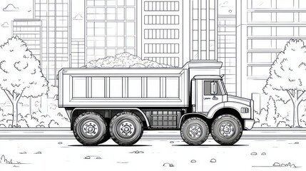 City Hauler: A monochrome illustration portrays a robust dump truck, laden with a heavy load, navigating a bustling city landscape, showcasing a feat of engineering.