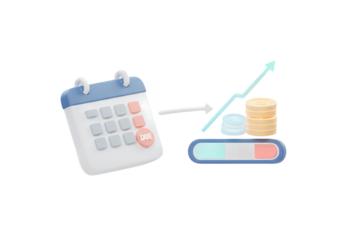 This clean 3D render visualizes a calendar with a marked date, illustrating the process of financial planning, saving money, and achieving investment growth.